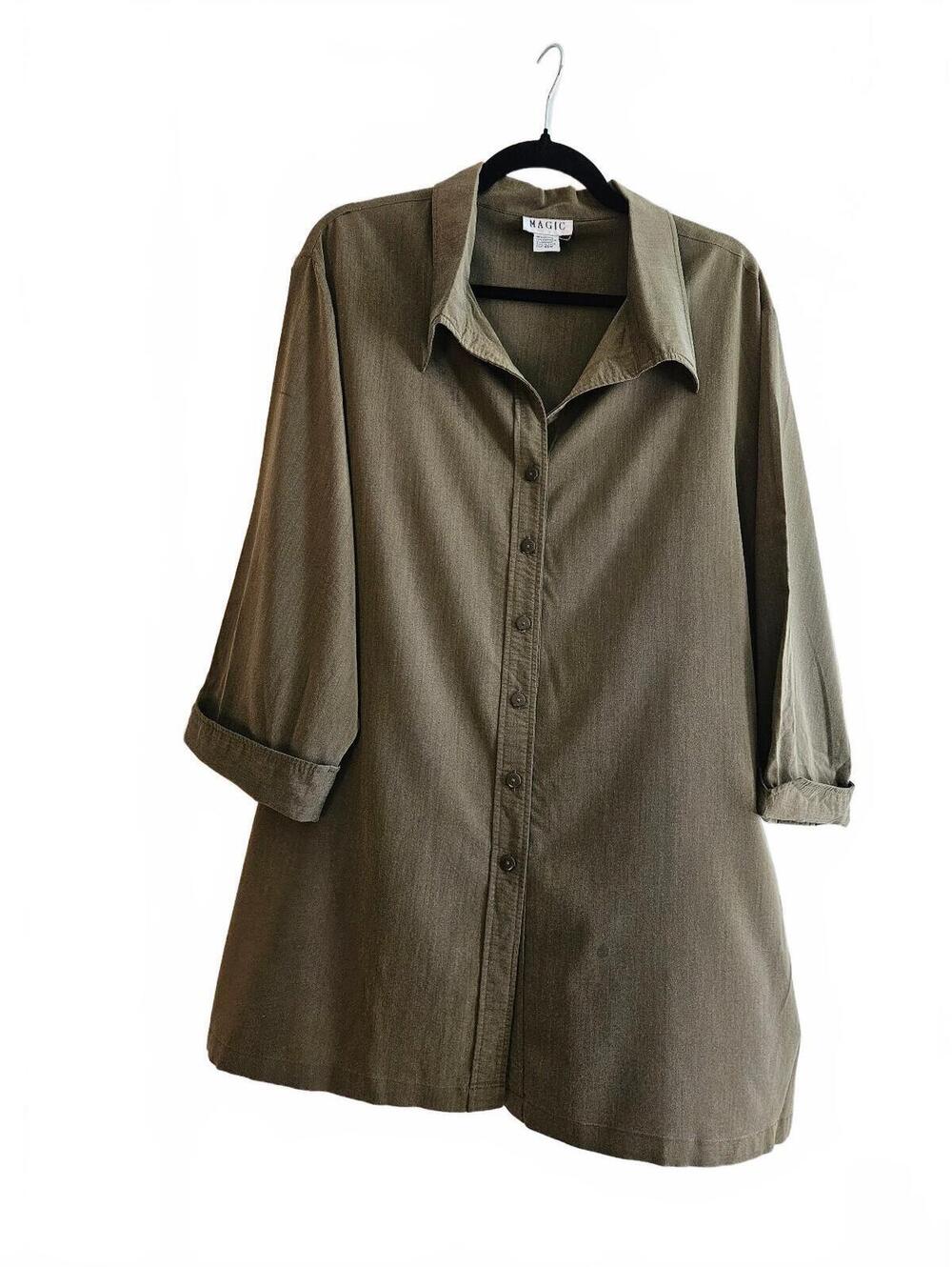 Magic Olive Green Button-Down Tunic Shirt W/Classic Collar & Roll-Up Sleeves-22W